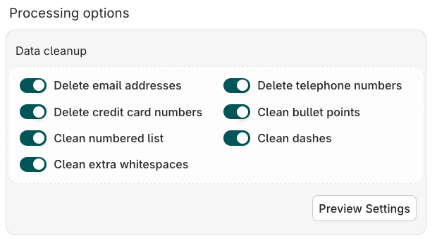 Processing options panel showing seven Data cleanup toggles: Delete email addresses, Delete telephone numbers, Delete credit card numbers, Clean bullet points, Clean numbered list, Clean dashes, and Clean extra whitespaces.