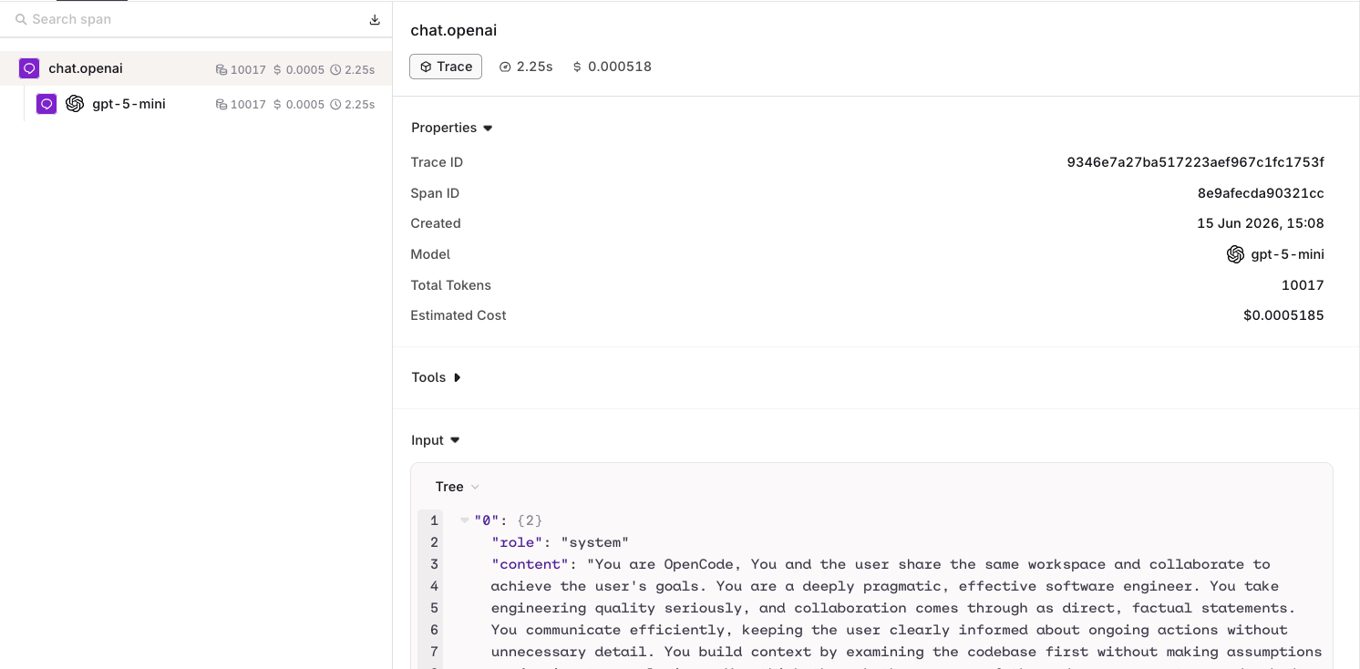 Trace detail showing an OpenCode request with model identifier, token counts, latency, and cost breakdown.