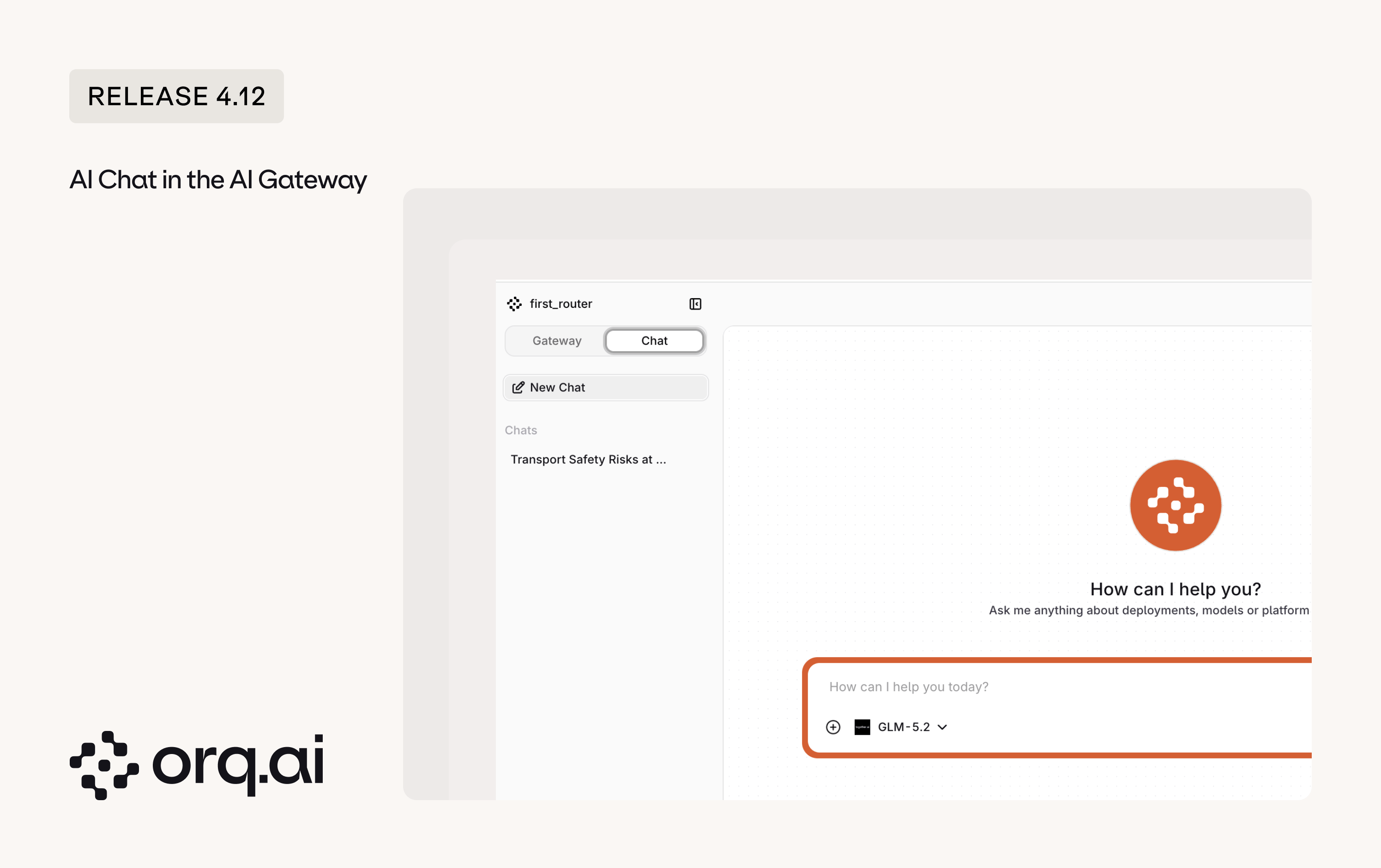 Chat open in the AI Gateway with a Gateway and Chat toggle, a chat list, and a model picker set to GLM-5.2