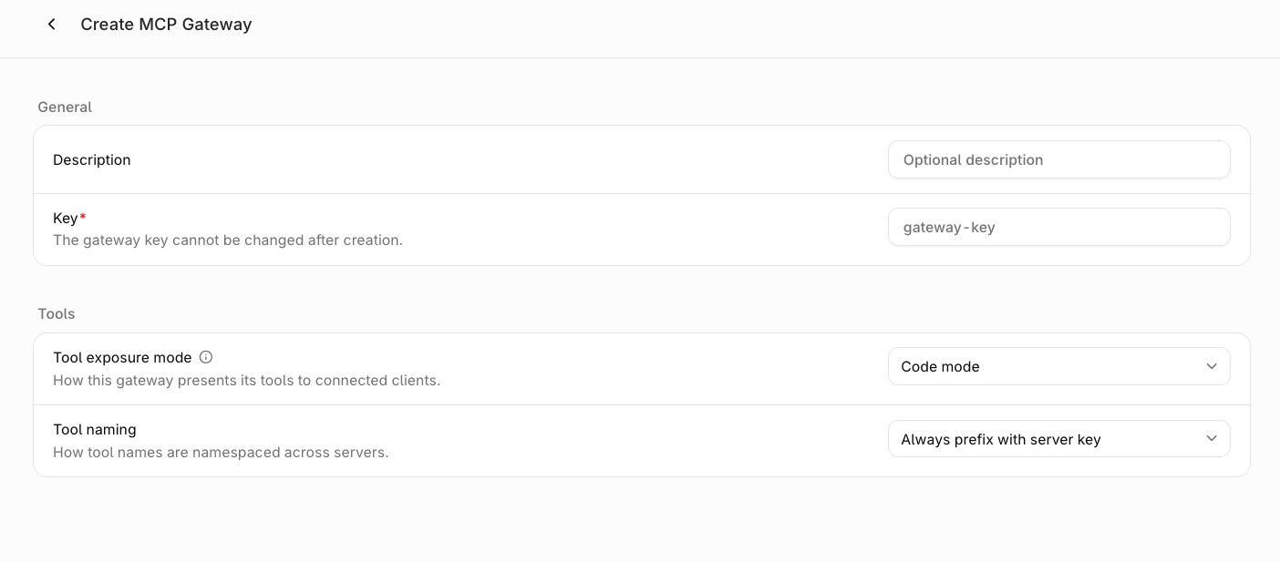 Create MCP Gateway form showing General section with Description and Key, and Tools section with Tool exposure mode and Tool naming