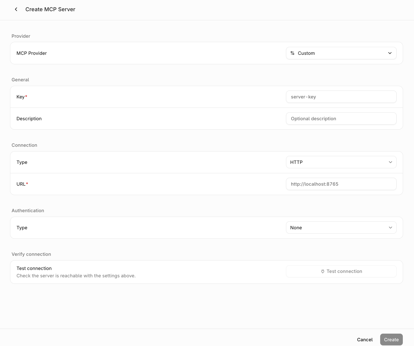 Create MCP Server form showing Provider, General, Connection, Authentication, and Verify connection sections