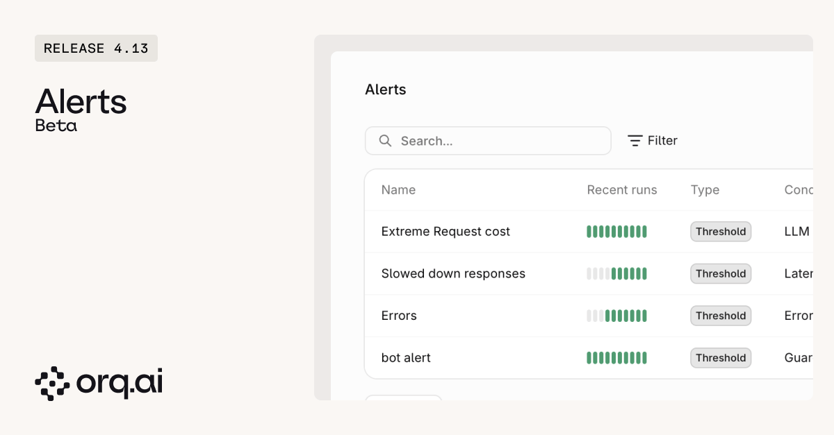 Release 4.13 banner for Alerts in beta next to the alert list showing recent runs and threshold conditions