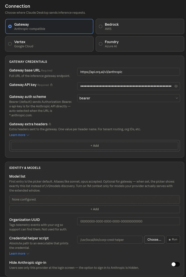 Cowork 3P inference gateway configuration screen showing Gateway selected as the connection type, with the Orq.ai base URL, API key, and bearer auth scheme filled in