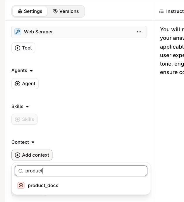 Agent Settings panel with Add context open, a search for product and the product_docs knowledge base listed.