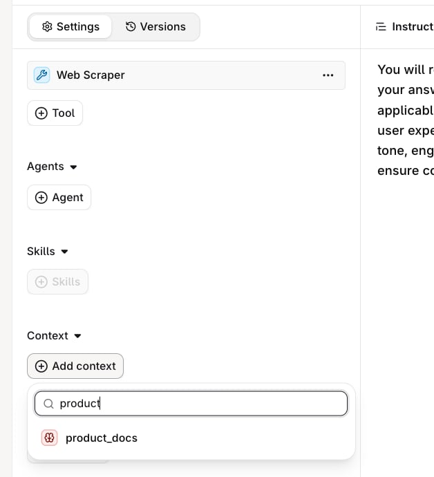 Agent Settings panel with Add context open, a search for product and the product_docs knowledge base listed.