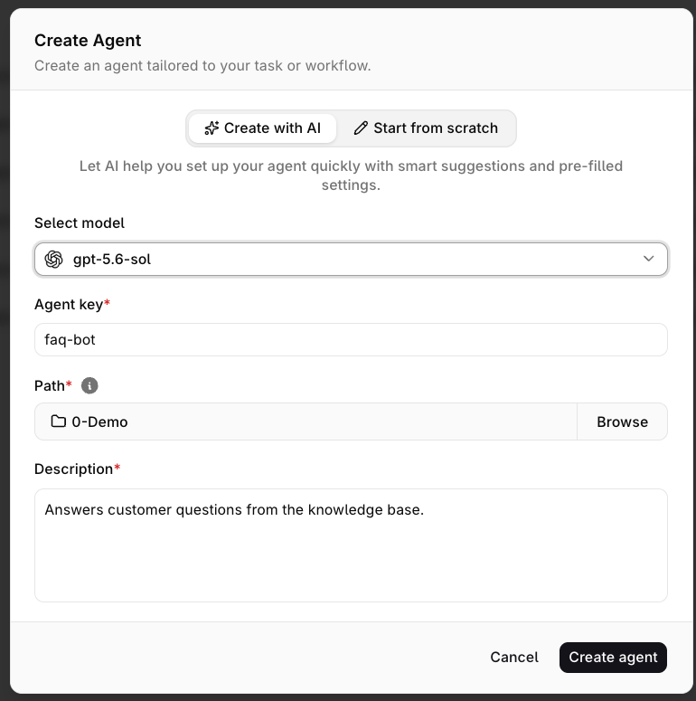 Create Agent dialog with gpt-5.6-sol selected, Agent key faq-bot, Path 0-Demo and a description for the FAQ chatbot.