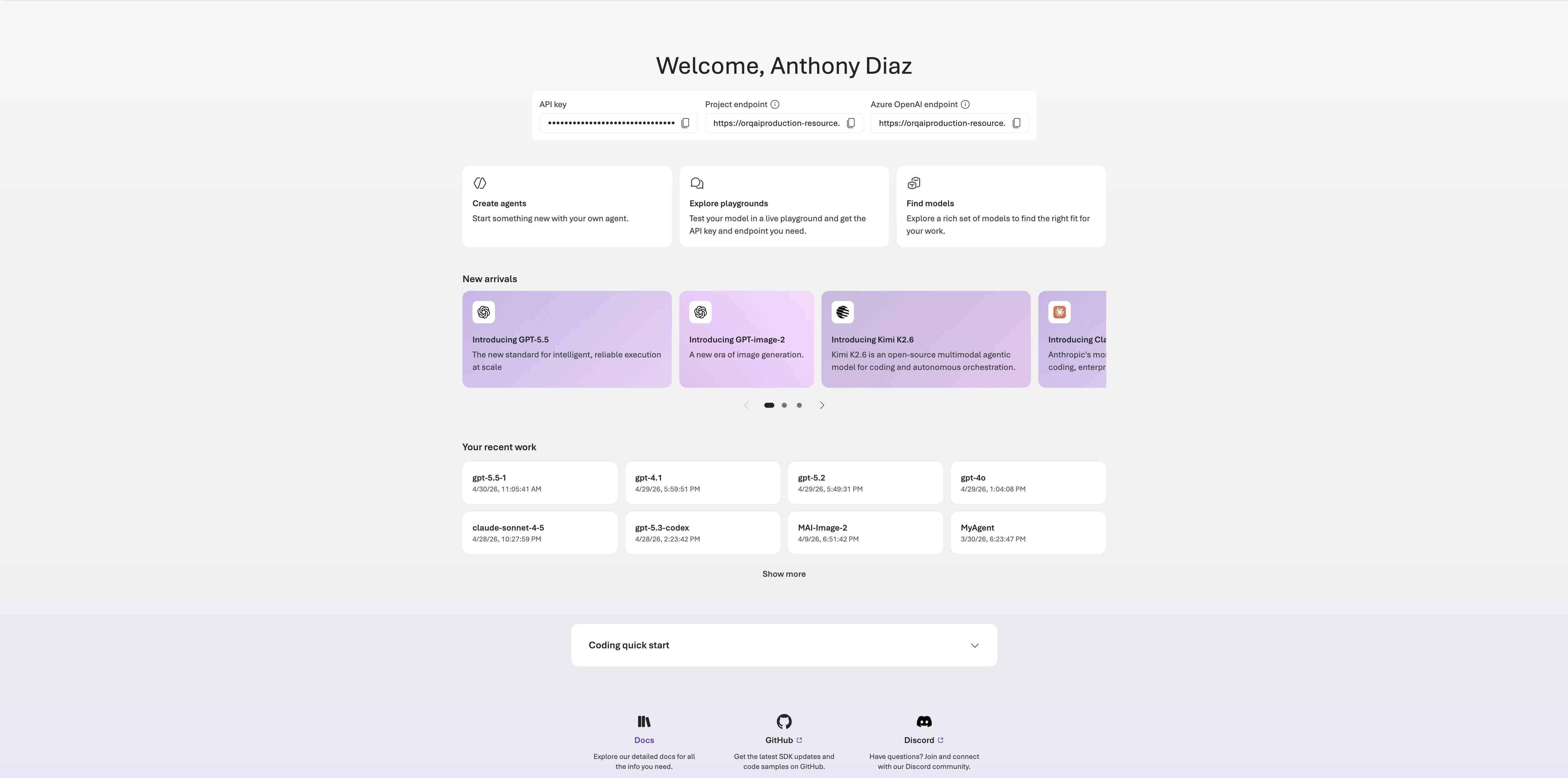 Azure AI Foundry homepage credentials