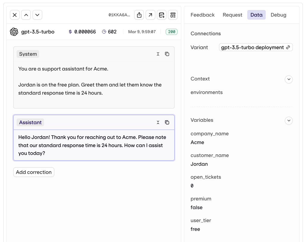 Trace showing the rendered Jinja prompt for a free user