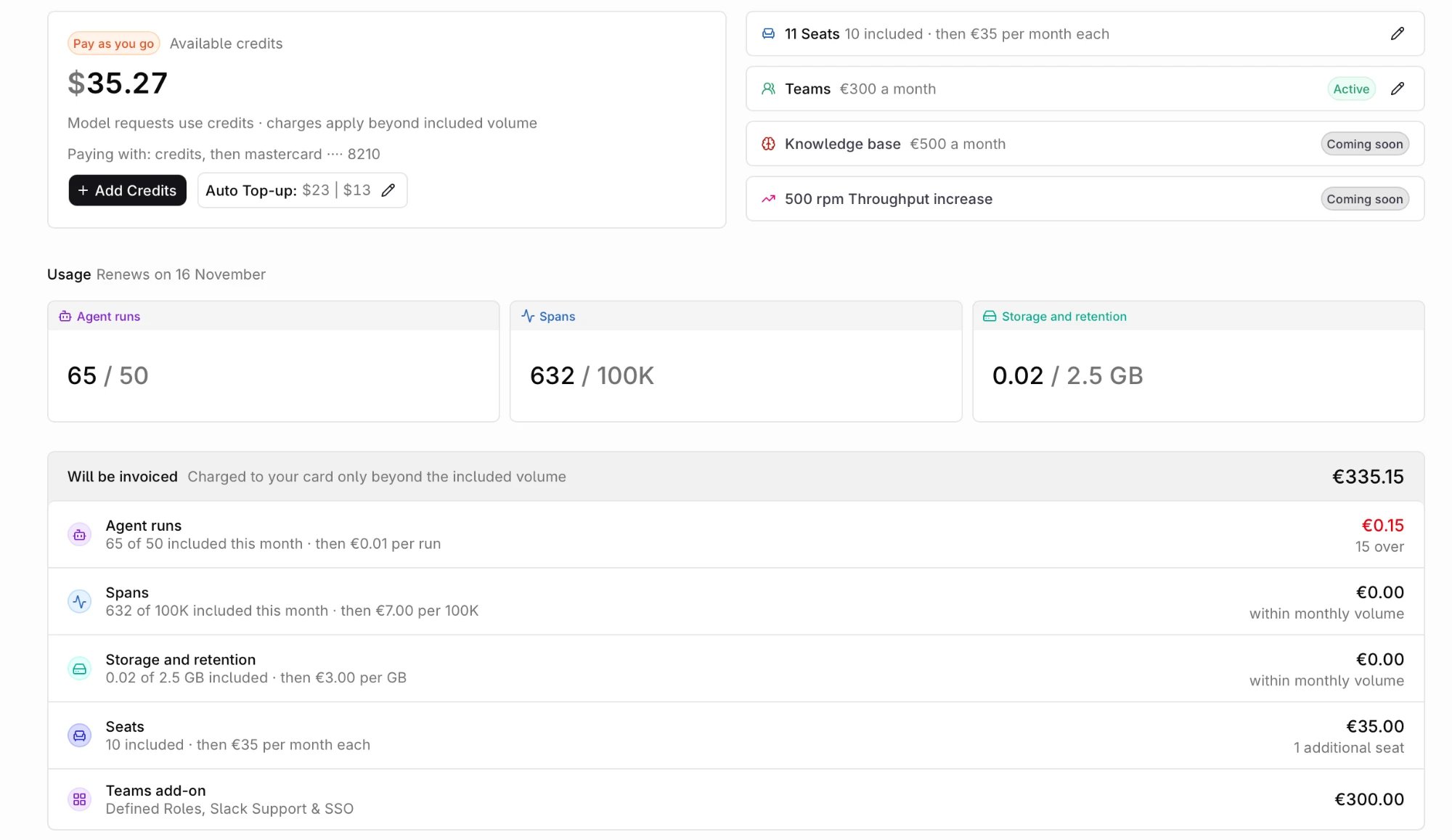 Billing page on the Pay as you go plan showing available credits, the line Model requests use credits with charges beyond included volume, Add Credits and Auto Top-up controls, Seats, Teams, Knowledge base, and Throughput add-on rows, usage tiles for Agent runs, Spans, and Storage and retention, and a Will be invoiced breakdown of agent runs, spans, storage, seats, and the Teams add-on