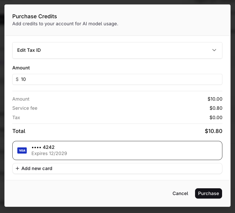Purchase Credits sheet showing the Edit Tax ID toggle, an amount of $10.00, a $0.80 service fee, $0.00 tax, a $10.80 total, a card ending in 4242, and Cancel and Purchase buttons