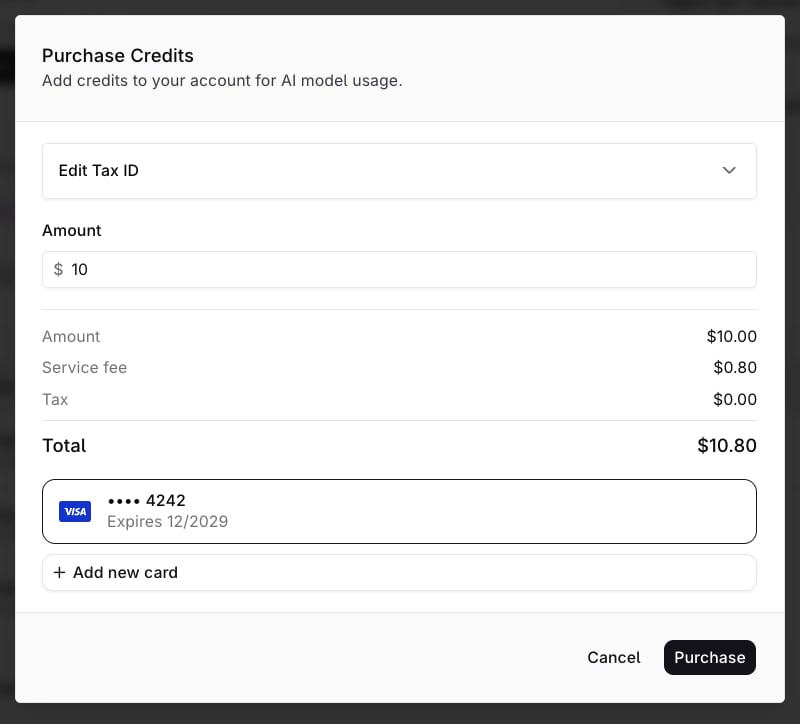 Purchase Credits sheet showing the Edit Tax ID toggle, an amount of $10.00, a $0.80 service fee, $0.00 tax, a $10.80 total, a card ending in 4242, and Cancel and Purchase buttons