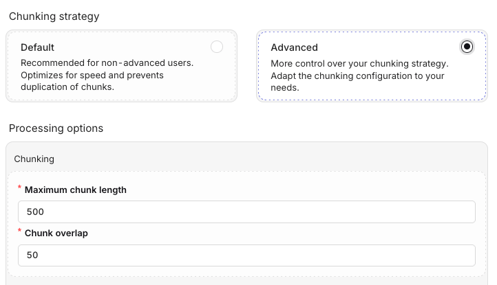 Choose a chunking option when uploading a file in the Knowledge Base