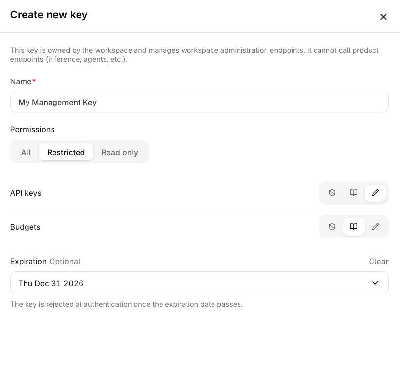 Create new key dialog showing Name field, Permissions toggle with All, Restricted, and Read only options, API keys and Budgets capability rows, and an Expiration date field.