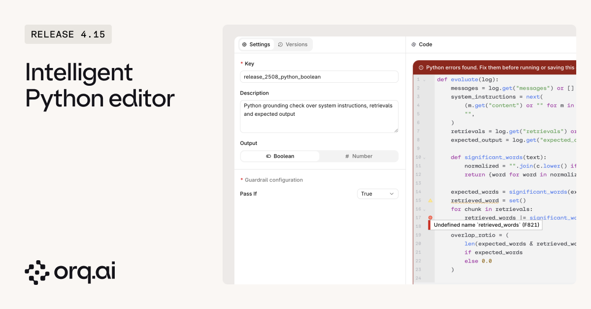 Python evaluator settings beside a code panel that reports Python errors found and underlines the undefined name retrieved_words with rule F821