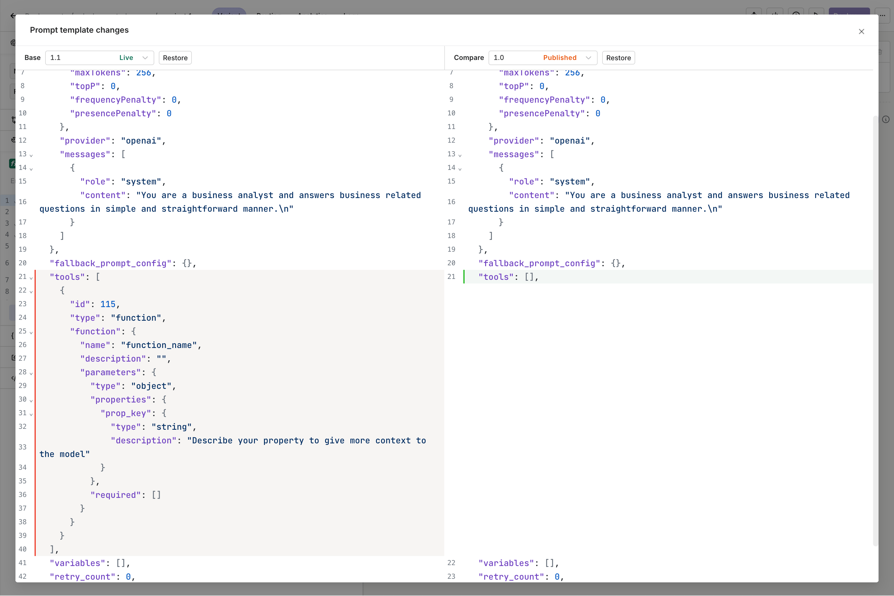 Prompt template changes dialog showing a side-by-side diff between Base v1.1 and Compare v1.0 Published, highlighting a tools array added in the newer version.