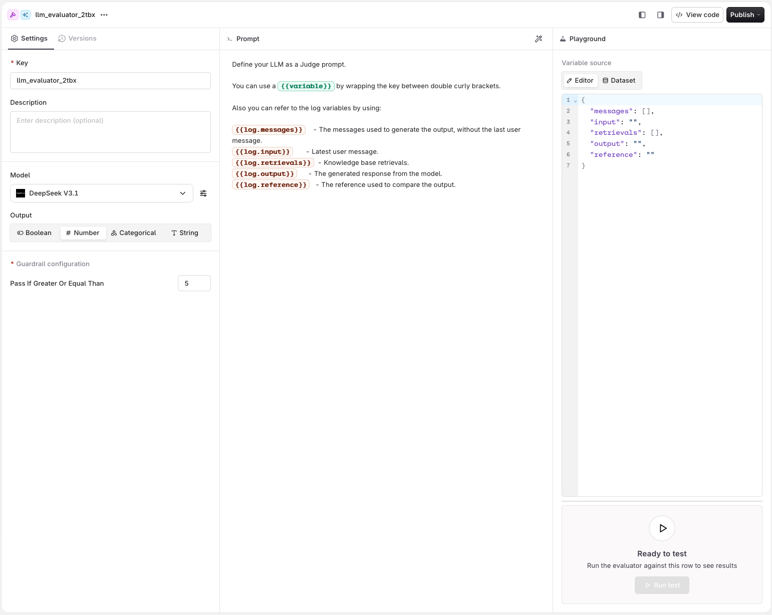LLM Evaluator settings panel with prompt area, model dropdown set to DeepSeek V3.1, output type tabs, guardrail pass condition, and a playground panel with Editor and Dataset tabs.