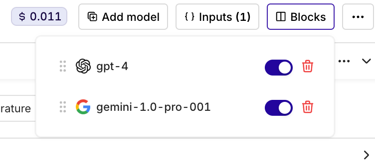 Use the Blocks menu to view all models in your Playground, toggle visibility, and delete blocks.