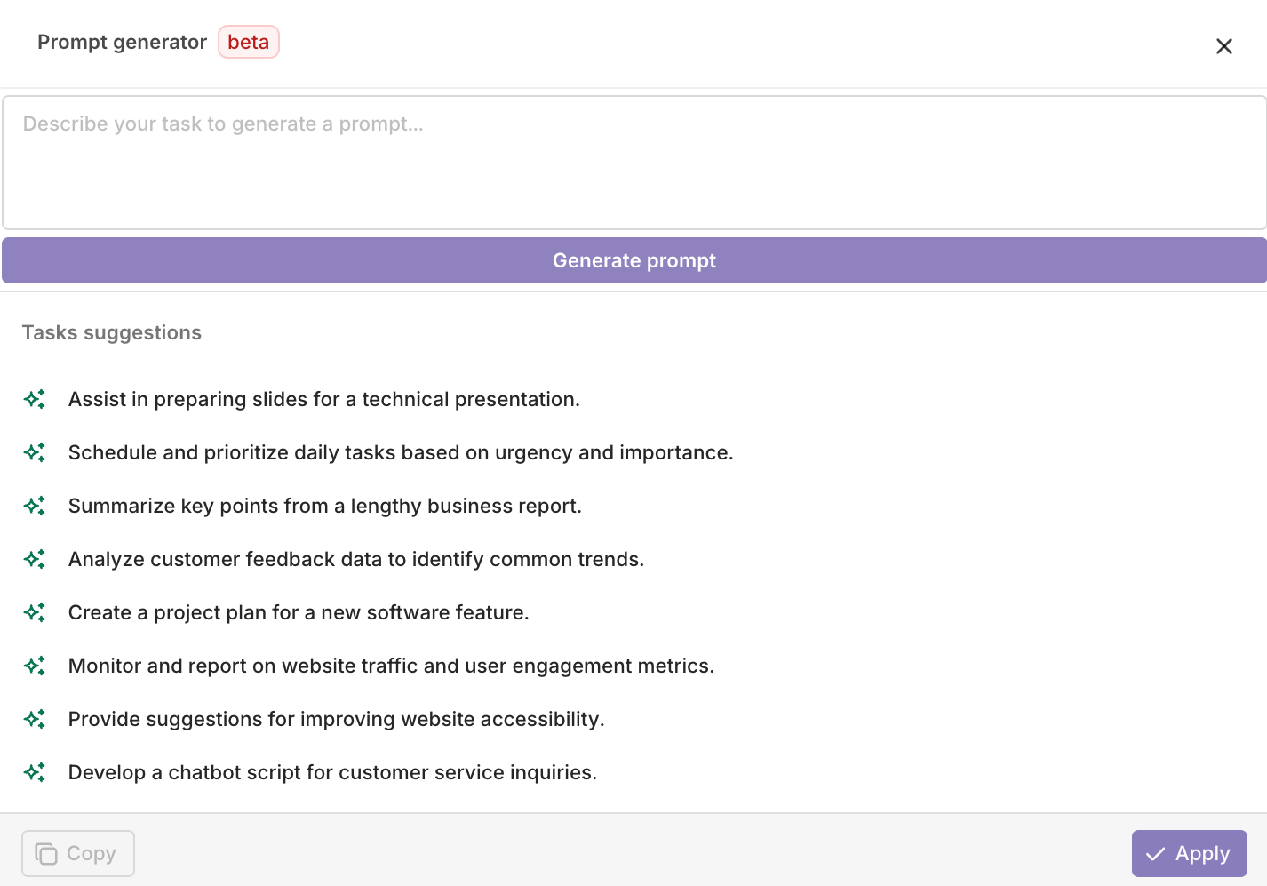 The prompt generation assistant showing a generated prompt with Copy and Apply buttons.