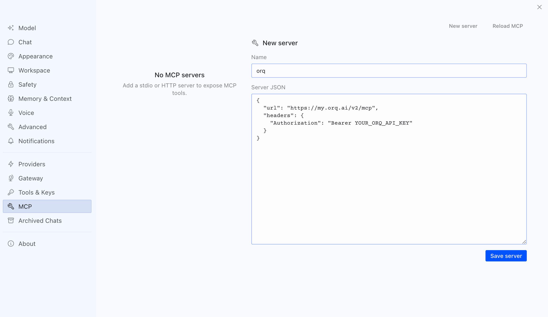 Hermes MCP settings showing a new server named orq with the Orq MCP URL and a bearer Authorization header in the Server JSON field