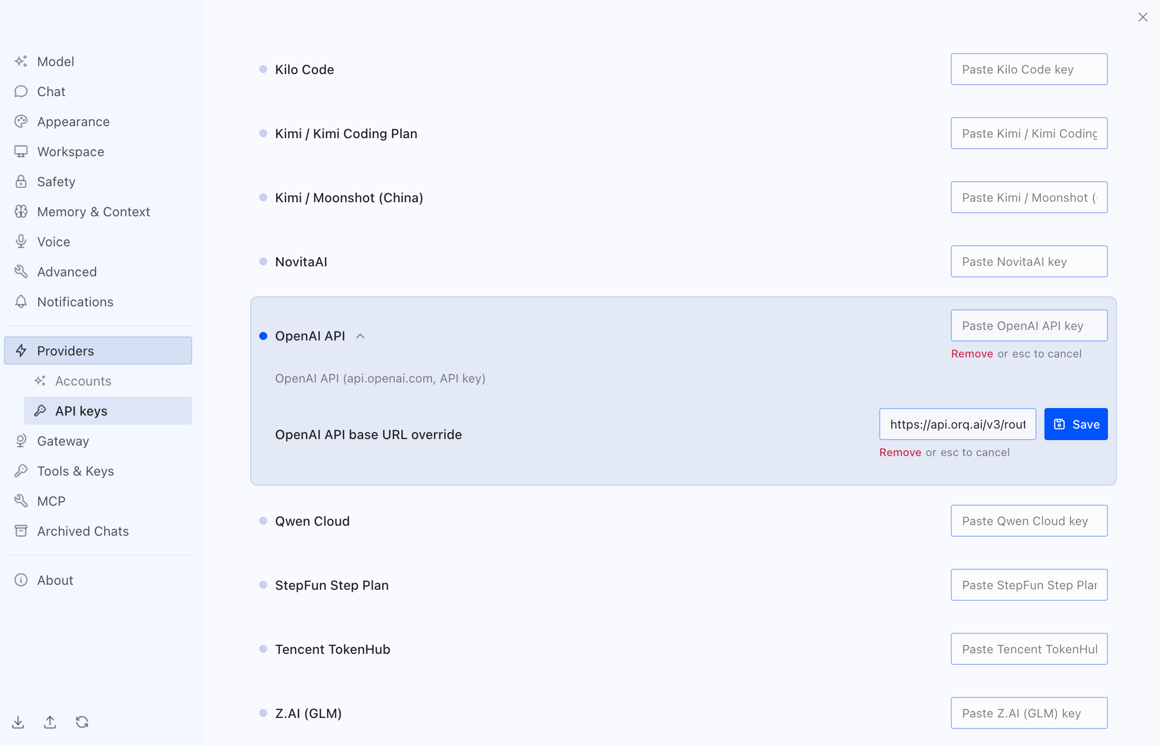Hermes API keys settings with the OpenAI API entry expanded, the Orq.ai key in the OpenAI API key field, and the router URL in the base URL override field
