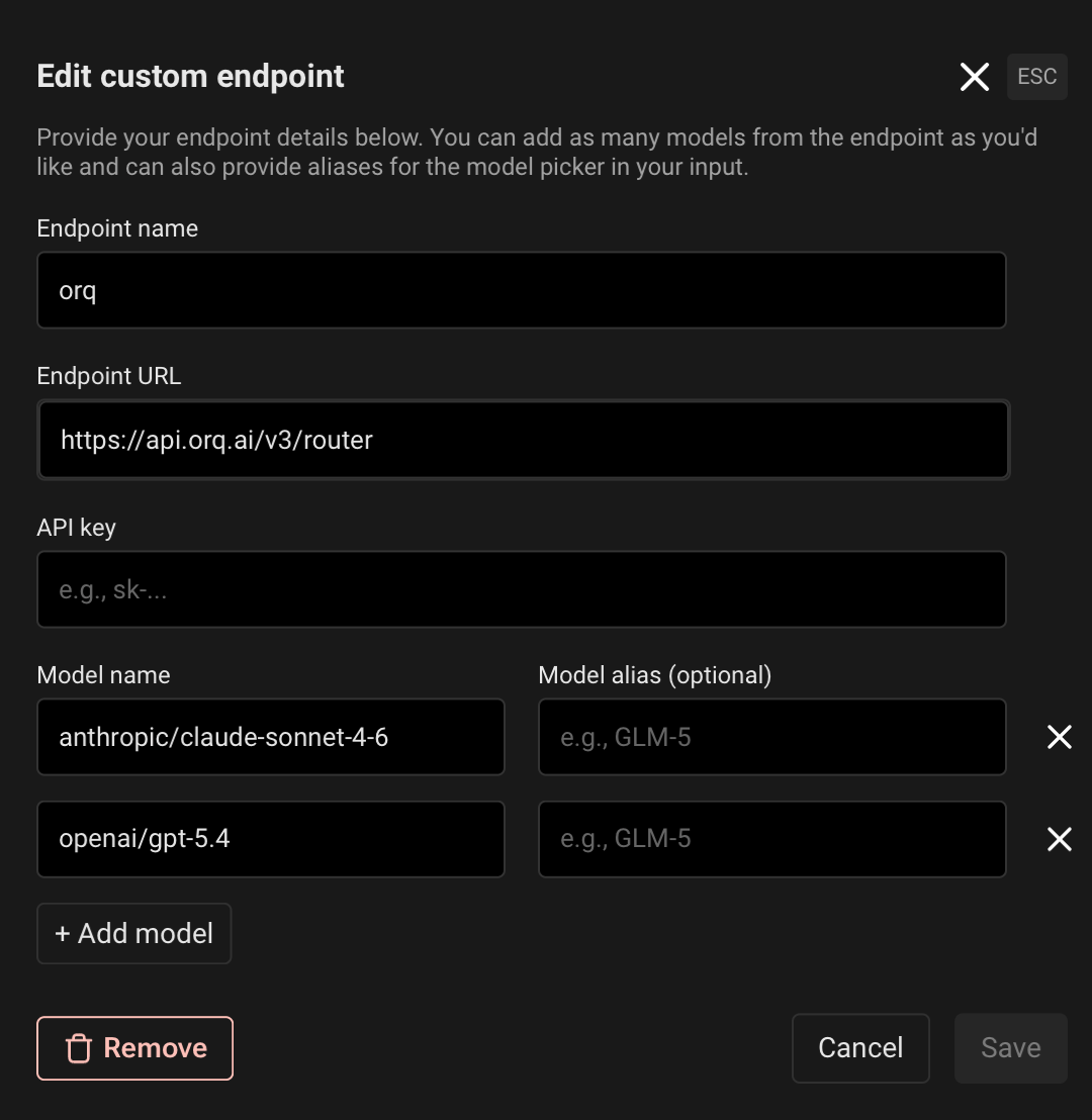 Warp Edit custom endpoint dialog with the Orq endpoint name, the v3 router URL, and two models added