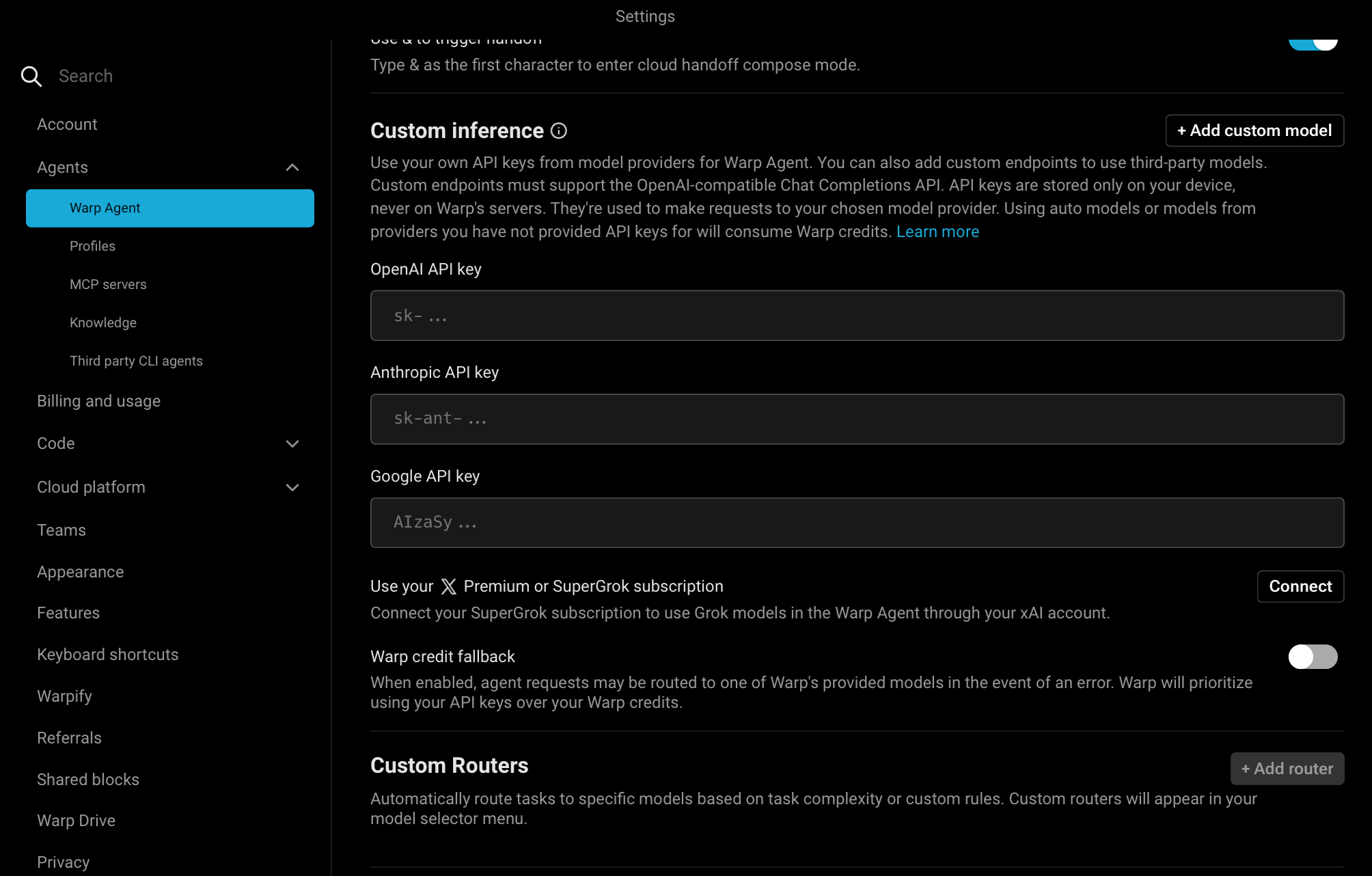 Warp Agent settings showing the Custom inference section with the Add custom model button
