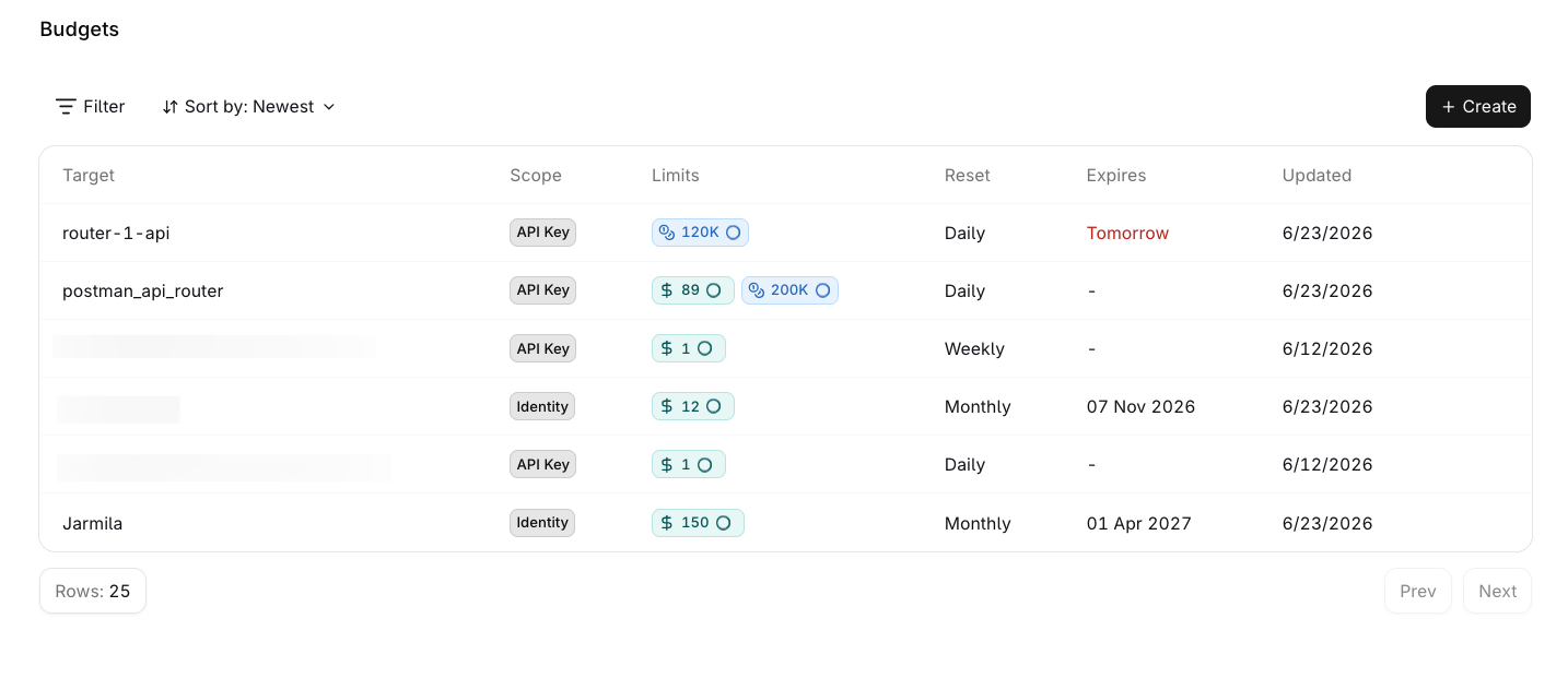Budgets list showing budget rows with Target, Scope, Limits, Reset, Expires, and Updated columns.