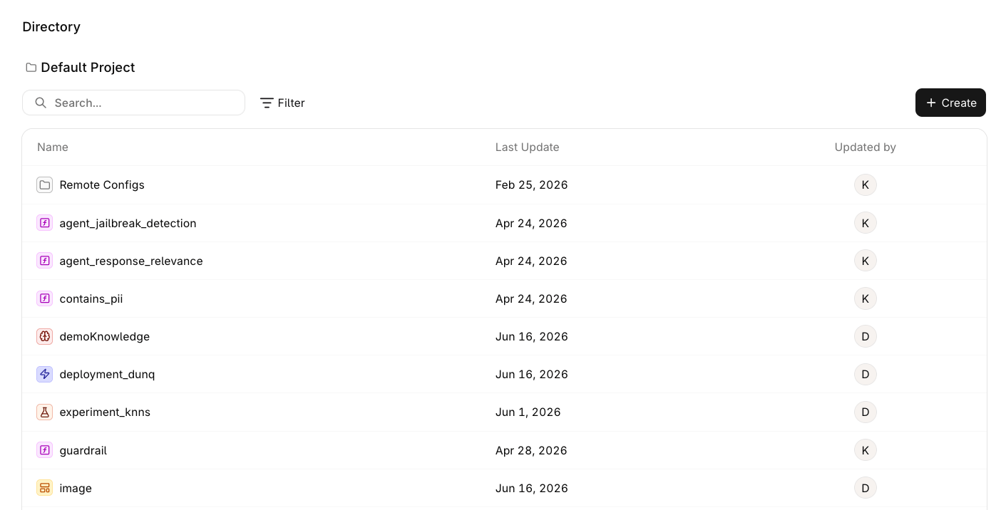 Directory view listing all entity types in a flat list with Name, Last Update, and Updated by columns, plus Search, Filter, and Create controls