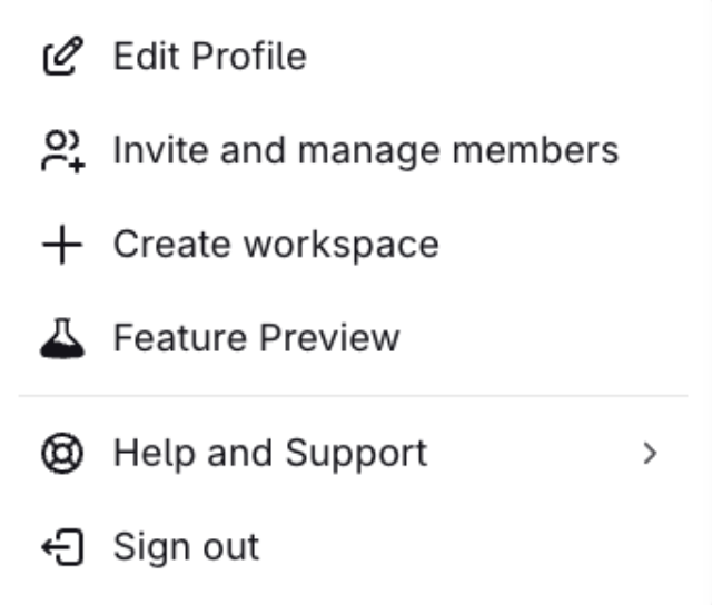 Workspace menu open at the bottom left, with Feature Preview option visible in the list