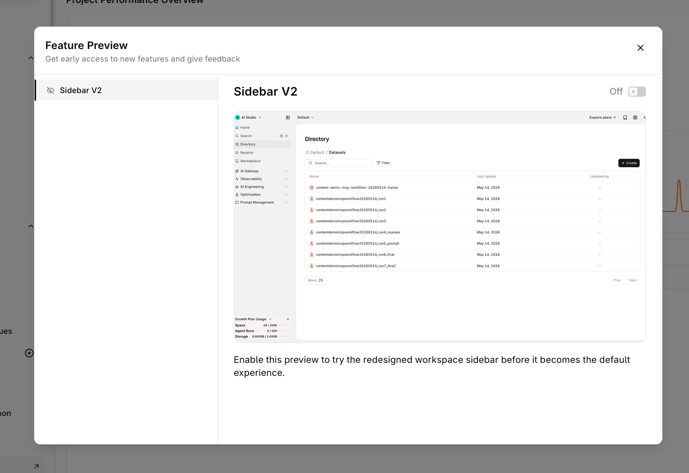 Feature Preview panel showing Sidebar V2 with an Off toggle and a preview of the redesigned sidebar layout