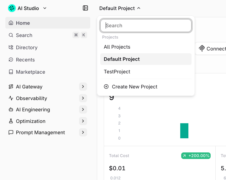 Project dropdown in Sidebar V2 showing All Projects, Default Project, TestProject, and a Create New Project option