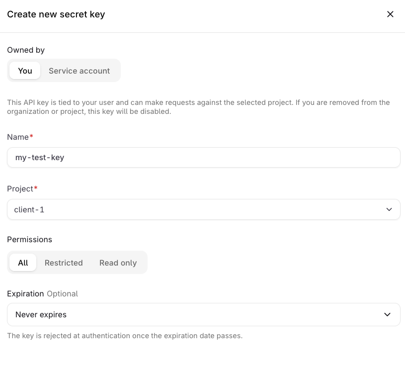 Create API key panel showing fields for owner, name, project, permissions, and expiration.