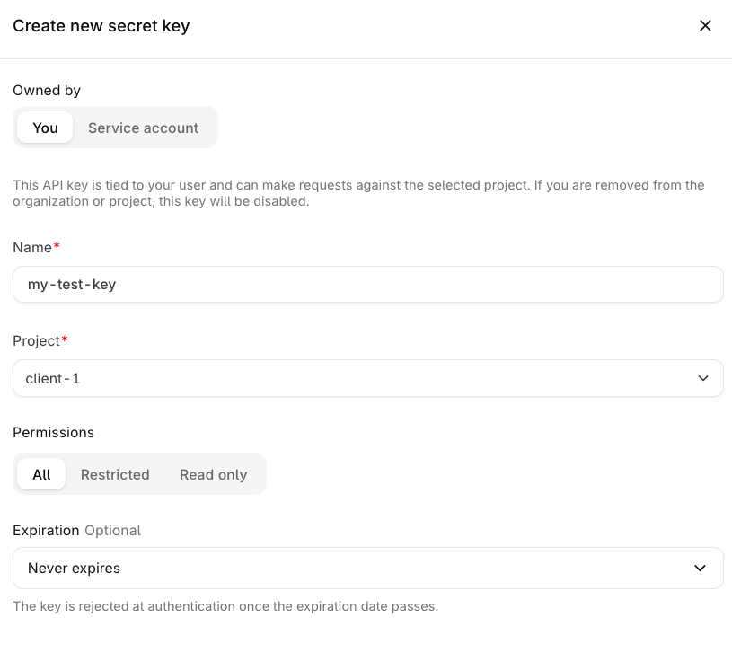 Create API key panel showing fields for owner, name, project, permissions, and expiration.