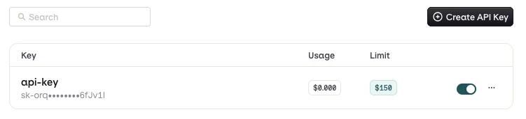 API Keys list view showing key name, status toggle, and action menu button.