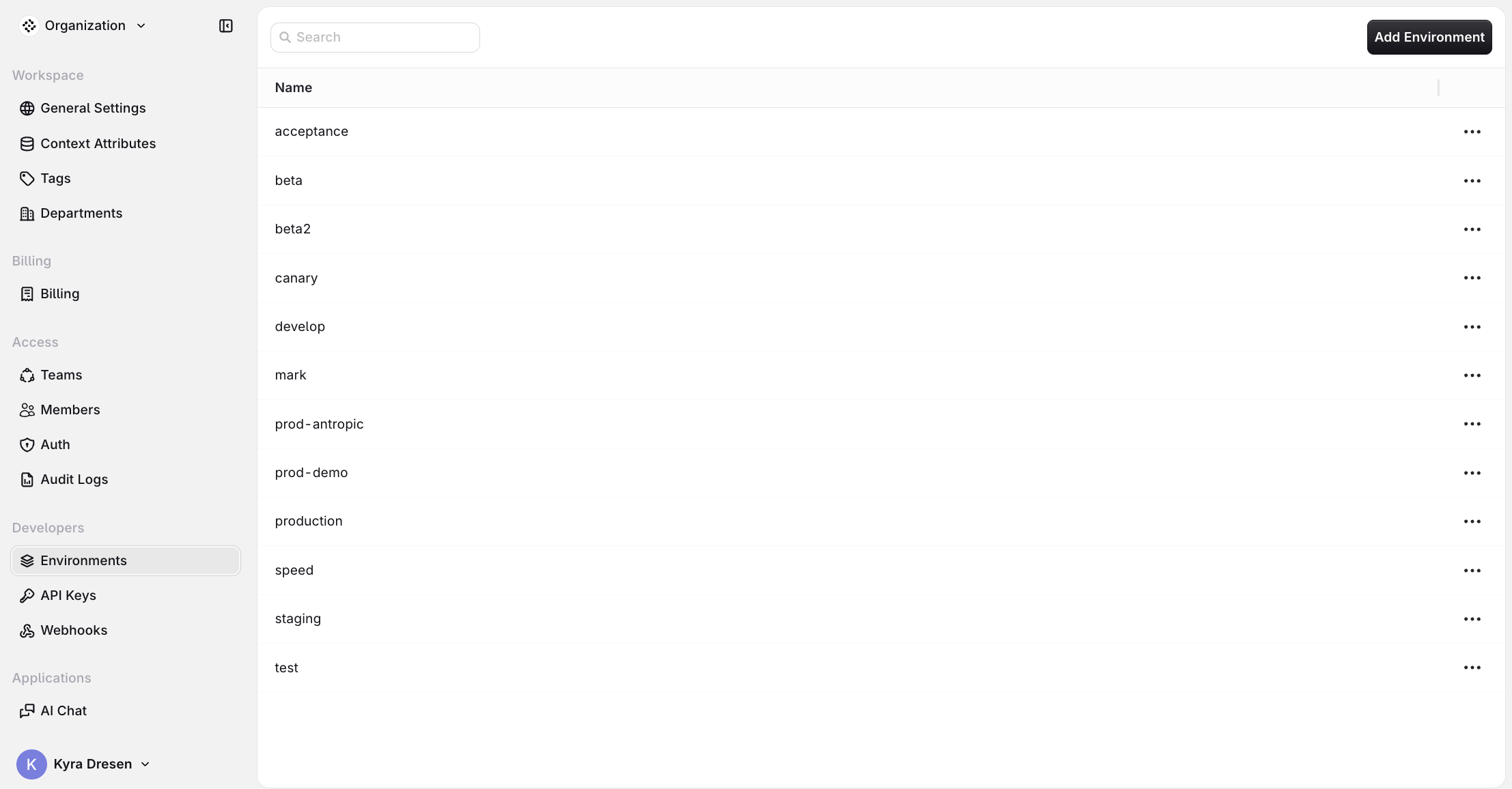 Environments Organization Environments page listing environments such as acceptance, beta, canary, develop, production, and staging, with an Add Environment button.