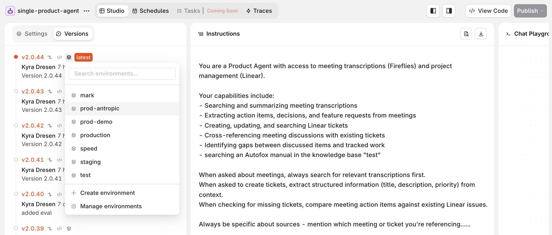 Agent Versions tab with a version environment menu open, listing environments to assign plus Create environment and Manage environments options.