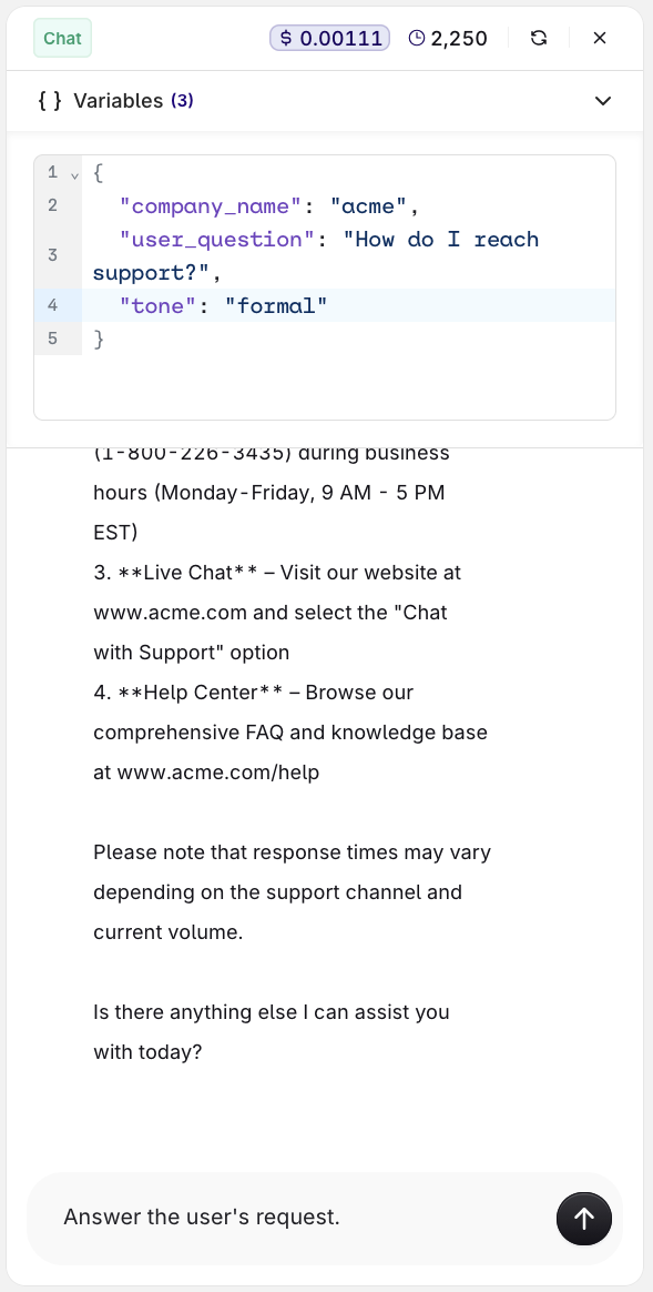 Test panel showing a Variables section with company_name, user_question, and tone inputs, and the model response below.