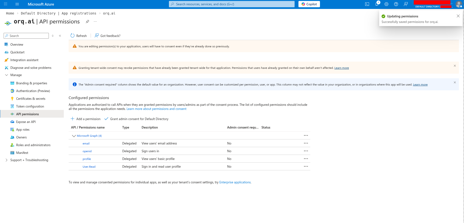 Configured API permissions