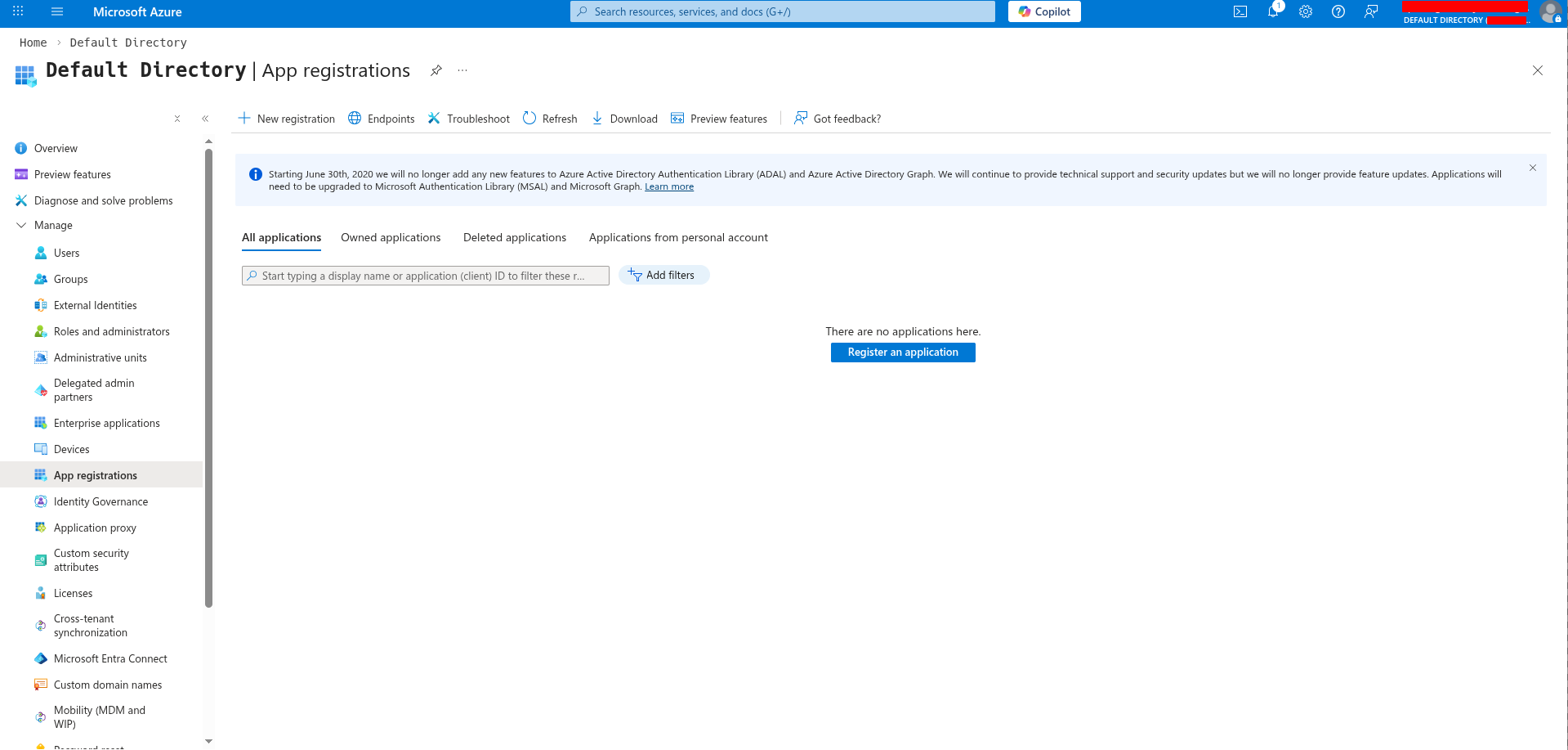 App registrations page