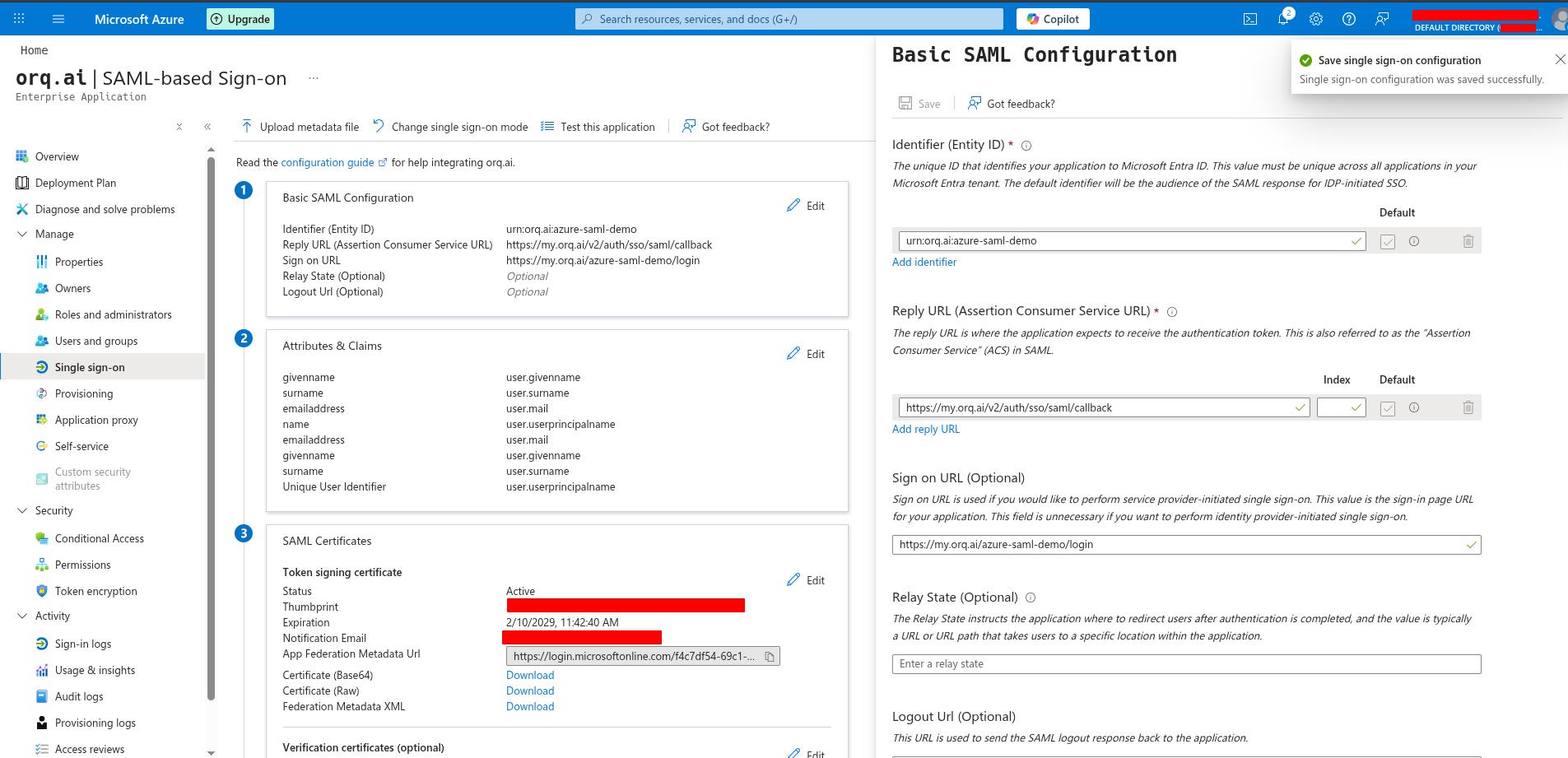 Basic SAML Configuration saved
