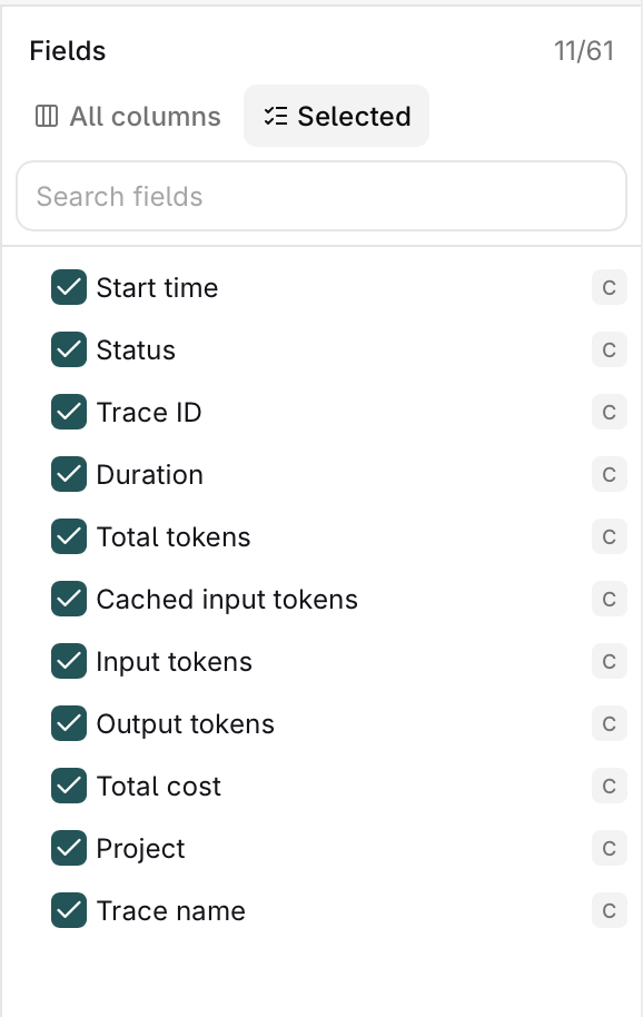 Fields panel in the Selected view showing 11 of 61 fields checked, including Start time, Status, Trace ID and Total cost, with a search box at the top.