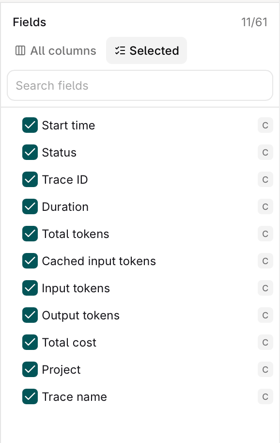 Fields panel in the Selected view showing 11 of 61 fields checked, including Start time, Status, Trace ID and Total cost, with a search box at the top.