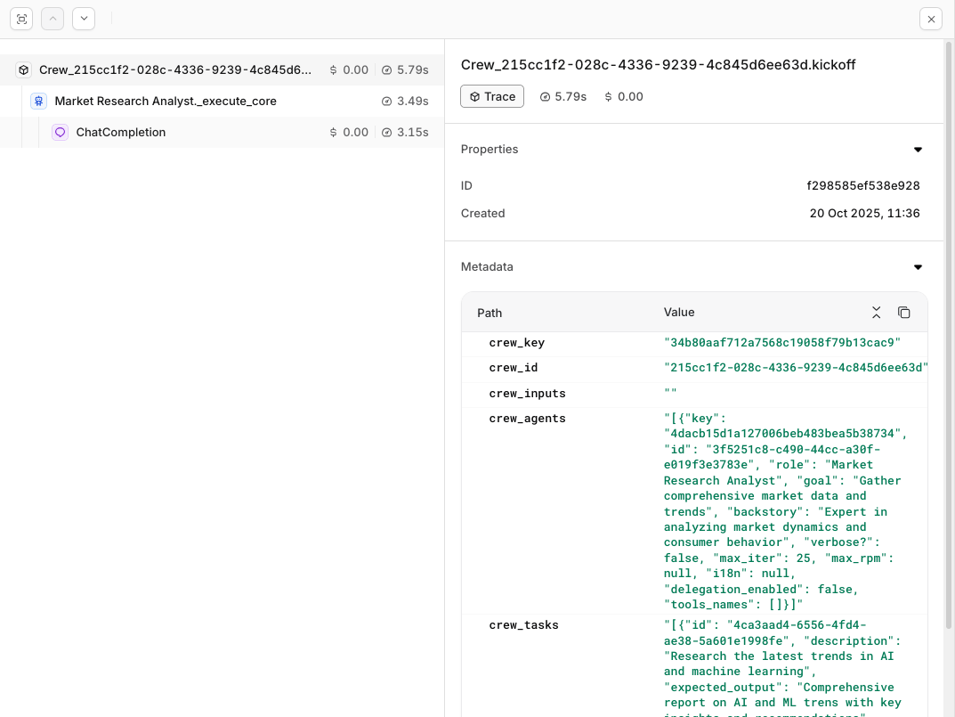 Traces from your CrewAI execution will be visible within the Traces menu in your orq.ai studio.