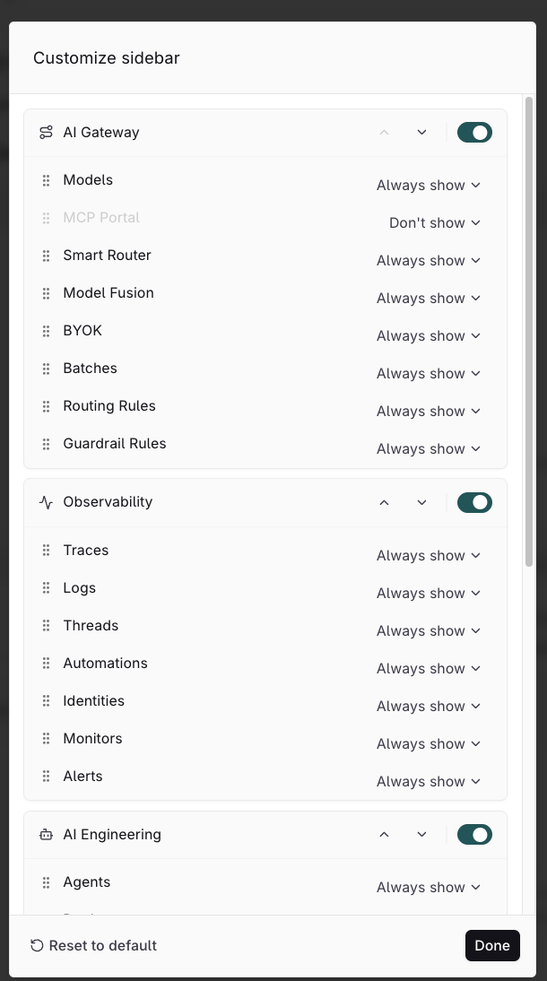 Customize sidebar dialog listing the AI Gateway, Observability, and AI Engineering sections, each with a switch and entry rows whose visibility selects read Always show, with MCP Portal set to Don't show, and the Reset to default and Done buttons at the bottom
