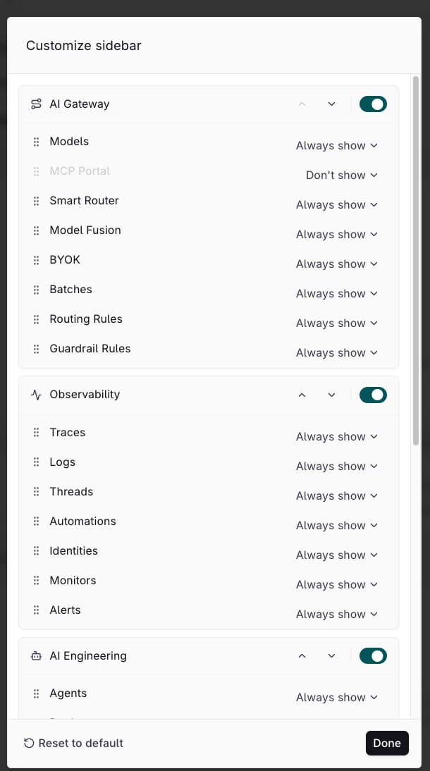 Customize sidebar dialog listing the AI Gateway, Observability, and AI Engineering sections, each with a switch and entry rows whose visibility selects read Always show, with MCP Portal set to Don't show, and the Reset to default and Done buttons at the bottom