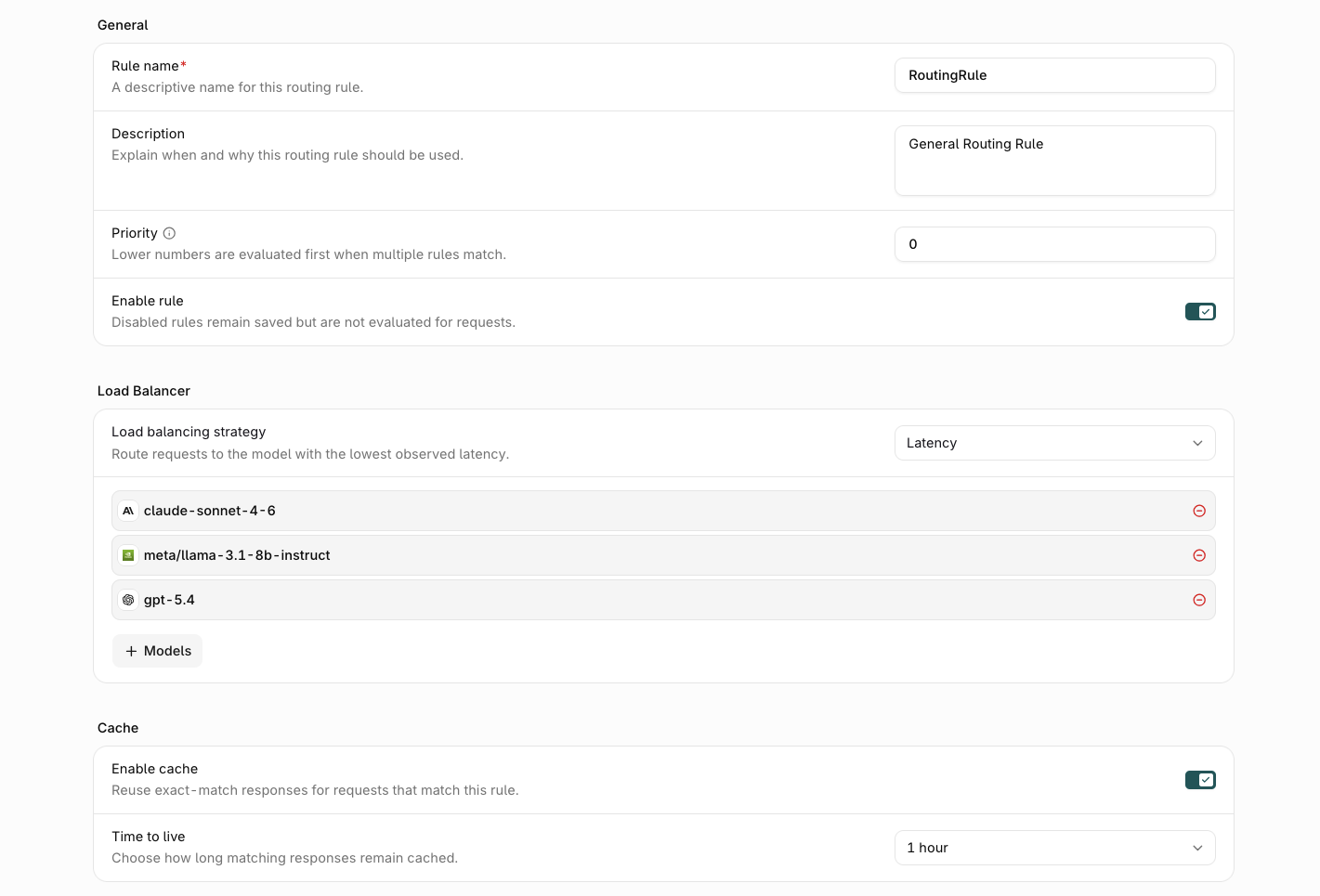 Create Routing Rule form top showing the General fields for rule name, description, priority, and enable rule, a Load Balancer section with the Latency strategy and three target models, and a Cache section with an Enable cache toggle and a 1 hour time-to-live.