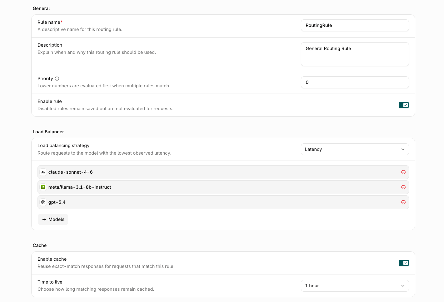 Create Routing Rule form top showing the General fields for rule name, description, priority, and enable rule, a Load Balancer section with the Latency strategy and three target models, and a Cache section with an Enable cache toggle and a 1 hour time-to-live.
