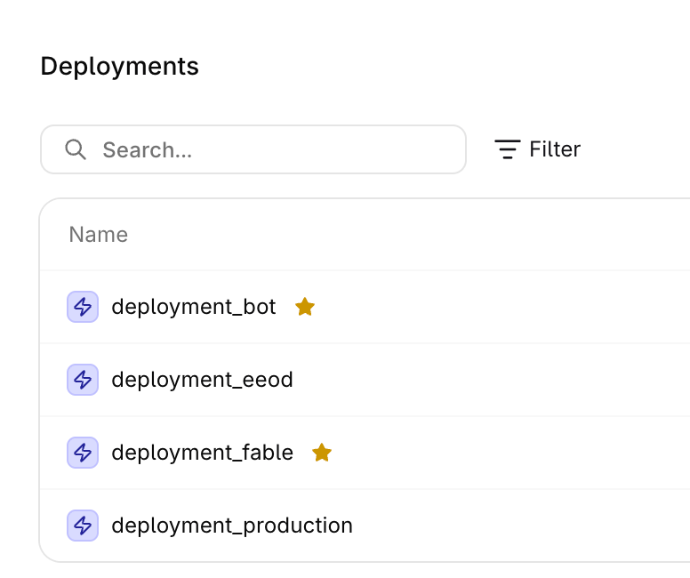 Deployments list with filled stars next to deployment_bot and deployment_fable, and no star on the remaining rows