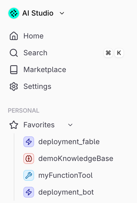 Sidebar Personal group with the Favorites section expanded, showing two deployments, a knowledge base, and a tool