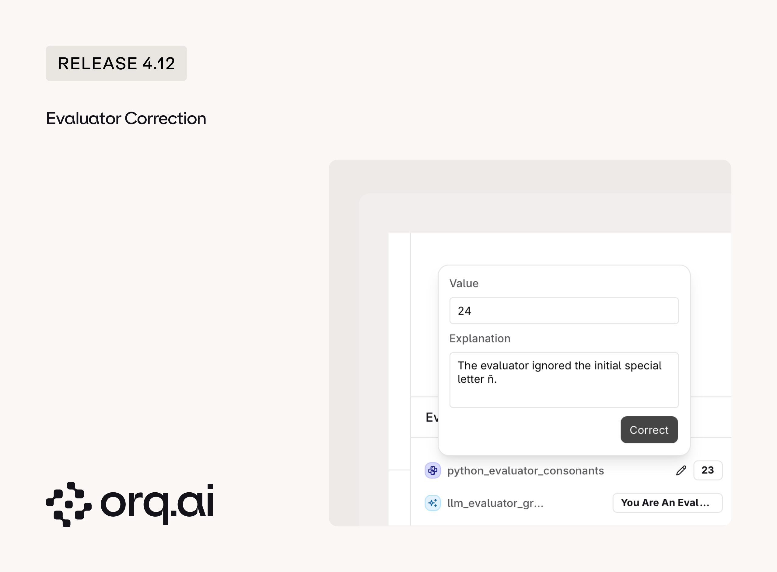 Evaluator correction popover with a Value field, an explanation, and a Correct button, shown over a list of evaluators